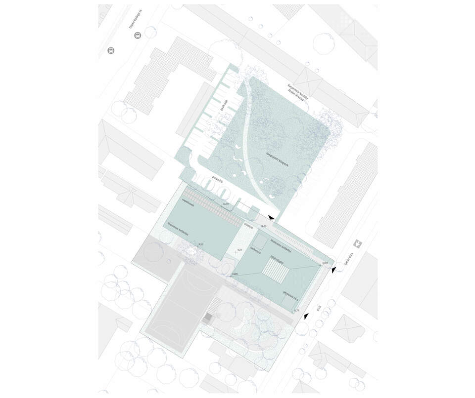 Helyszínrajz, 1:500. A Studio Konstella kiemelt megvételt nyert terve a nagykátai Váci Mihály általános iskola pályázatán.