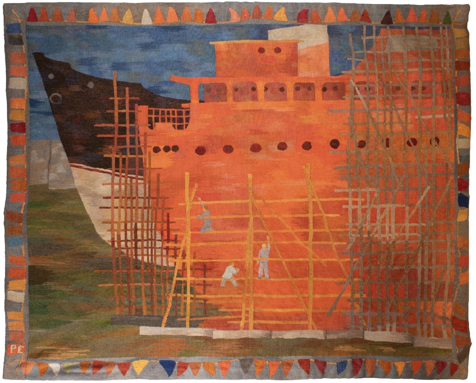Pintér Éva: Hajóépítők (Vörös hajó), 1960 körül, szövött, gyapjú, BTM Kiscelli Múzeum – Fővárosi Képtár