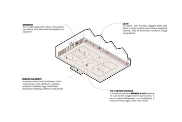 Sportcsarnok, axonometria. Több udvar, kevesebb ház! – A CAN Architects terve.
