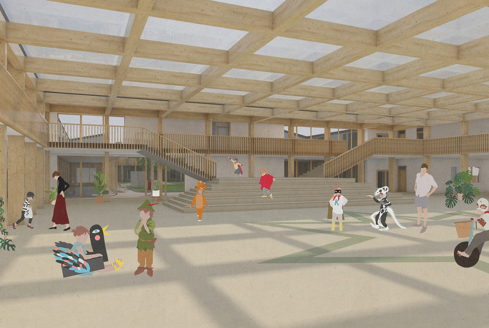 Belső téri aula látványa. Szigetszentmiklósi Református Általános Iskola tervpályázat. A Grafit Műterem terve, 2024.