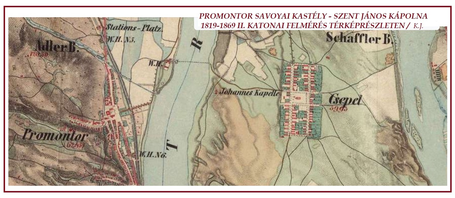 Promontor kastélya tengellyel a Dunára és a Szt. János kápolnára, II. Katonai felmérés, 1819
