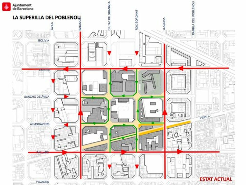 Barcelona, szuperblokk terve.
Forrás: https://spacing.ca/vancouver/2024/10/14/the-barcelona-chronicles-the-superilla-pilot/