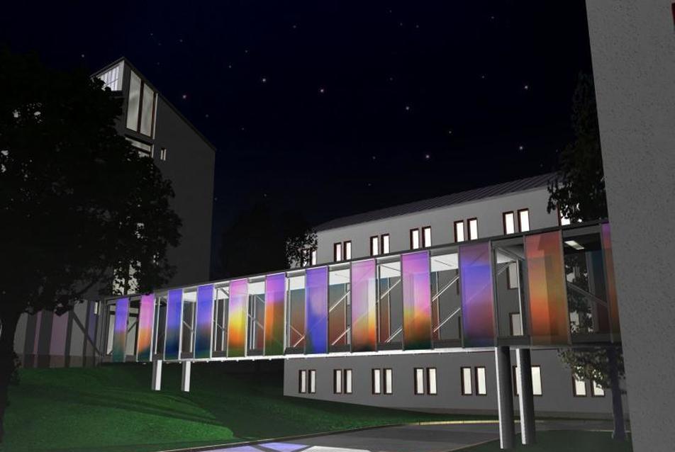 Műalkotás a gödöllői Szent István Egyetem új kollégiumi épületének gyalogos hídján