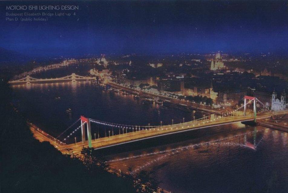 A díszvilágítást kiegészíti a pillérek derítése és a hídtest oldalak visszafogott láttatása.