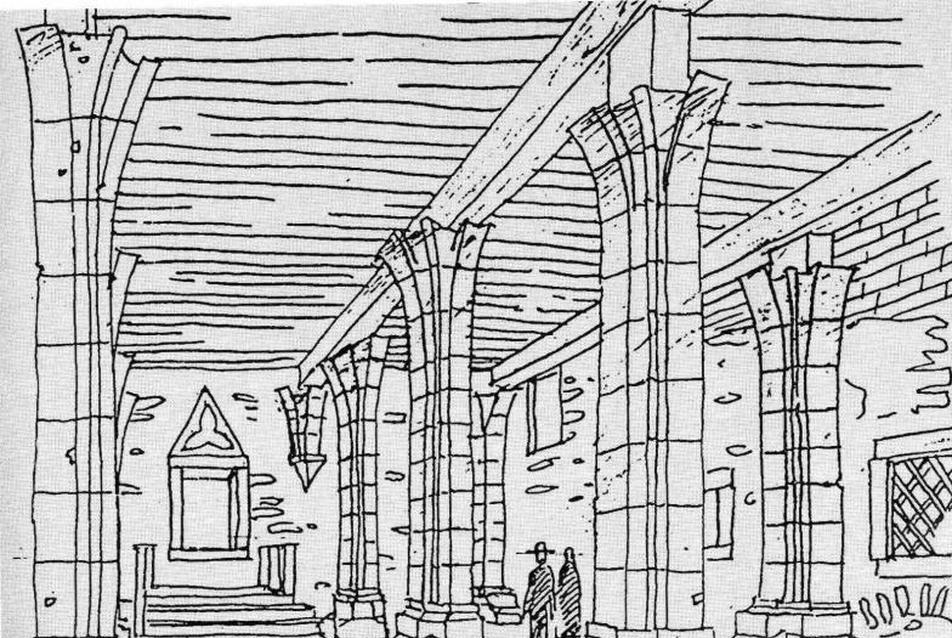 A zsinagóga a török korban, beszakadt boltozattal, Budai Aurél rajza