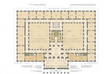 MNM pályázat - 1. emelet alaprajza, hosszú távú átalakítási javaslat. Tervezők: Bérces László (vezető tervező), Kápolnás Gergely, Kun Róbert, Magyar Ádám