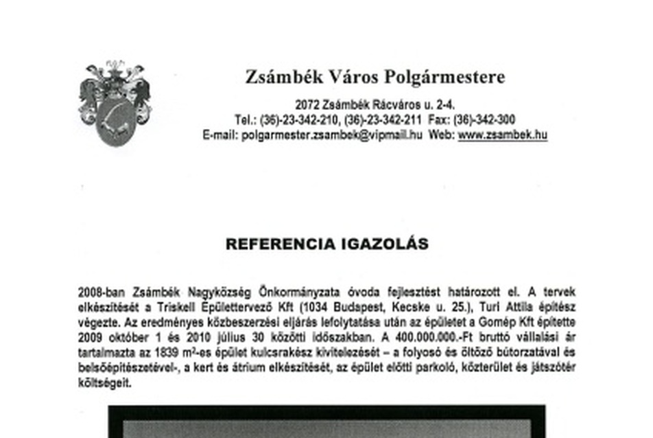 Referencia igazolás a zsámbéki polgármestertől, 2010.