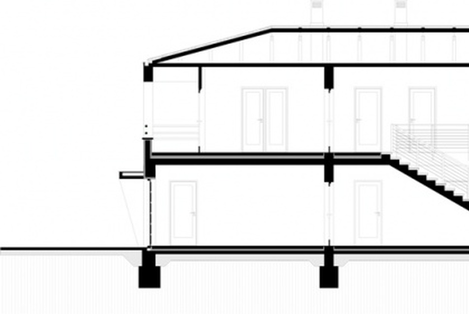 Családi Ház Biatorbágyon, hosszmetszet. Vezető tervező: Paládi-Kovács Ádám.