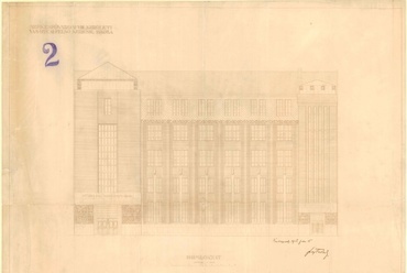 VIII. kerületi felső kereskedelmi iskola, 1909–1913. (VIII. Vas utca 9–11.) Homlokzatterv, 1913. Budapest Főváros Levéltára