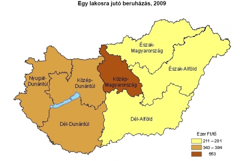 14. ábra: Az egy lakosra jutó külföldi tőke 2008. és az egy lakosra jutó beruházás, 2009., forrás: ((10), p. 19. és 20.)