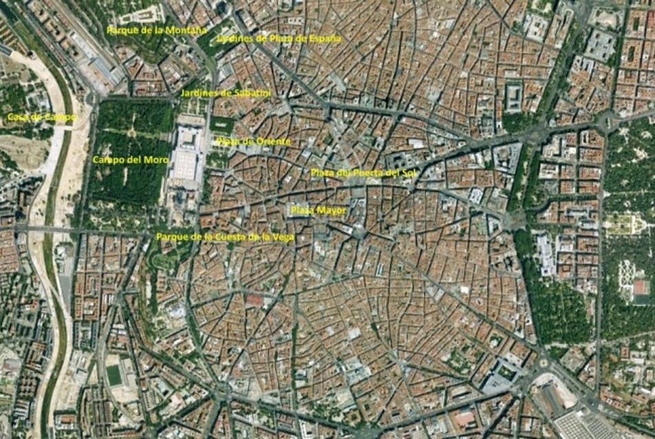 4. ábra: Madrid belvárosi helyzetű terei, parkjai