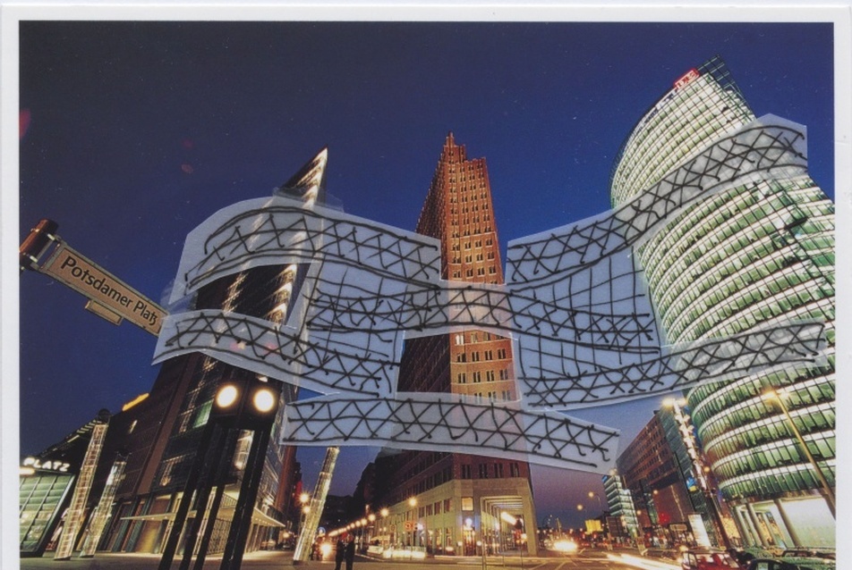 Yona Friedman: Potsdamer Platz, 2003, Kollázs, 10,5 x 14,7 cm ©Yona Friedman. A művész és a kamel mennour, Paris jóvoltából