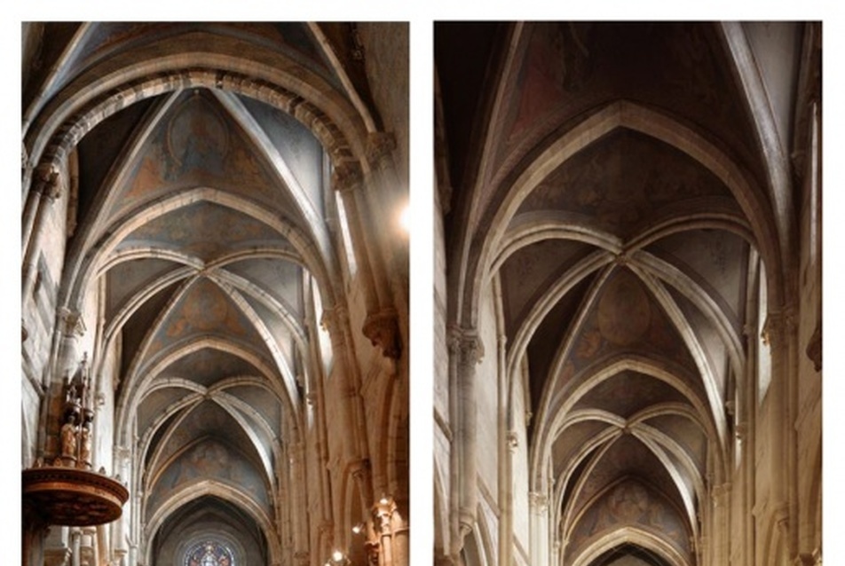 a pannonhalmi bazilika belső tere az átalakítás előtt és után. (terv és kép: John Pawson)