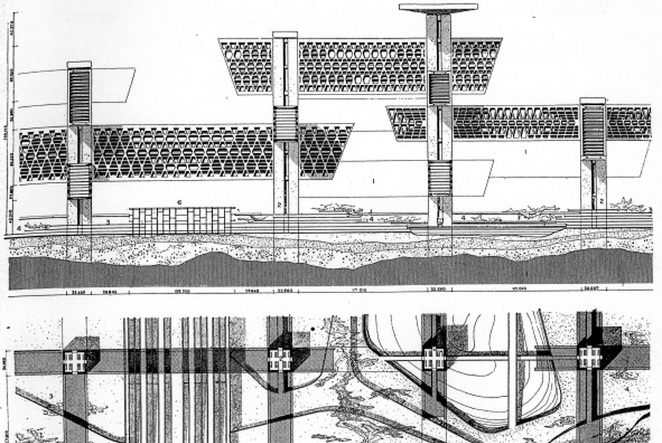 Kenzo Tange, Tokiói-öböl terv, államigazgatási funkciók, metszet, alaprajz