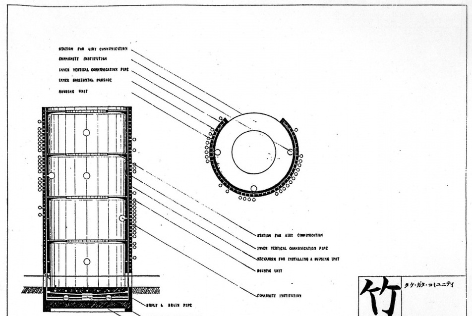 Kisho Kurokawa, Bambusz típusú közösség terve, 1960, forrás: Noboru Kawazoe, Metabolism 1960: The Proposals for New Urbanism