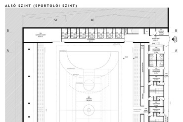 Alsó szint alaprajza, Budapest XVI. kerület, többcélú sportcsarnok építészeti tervpályázata - Sajtos Gábor és munkatársainak terve