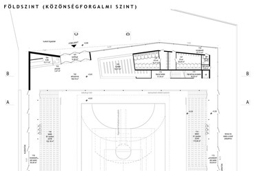 Földszinti alaprajz, Budapest XVI. kerület, többcélú sportcsarnok építészeti tervpályázata - Sajtos Gábor és munkatársainak terve