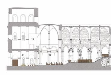Hosszmetszet, Pannonhalma, bazilika felújítása, dizájn építész: John Pawson, felelős tervező: Gunther Zsolt