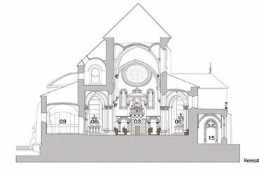 Keresztmetszet, Pannonhalma, bazilika felújítása, dizájn építész: John Pawson, felelős tervező: Gunther Zsolt
