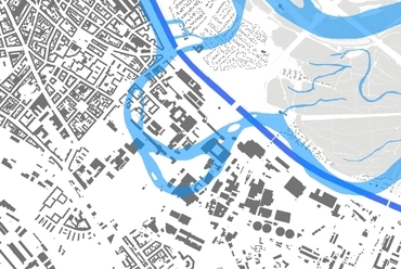 Erdberger Mais mai beépítettsége. A sötétkék csík a Donaukanal, a világos az egykori szabályozatlan meder.  (forrás: F. Hauer, előadása)