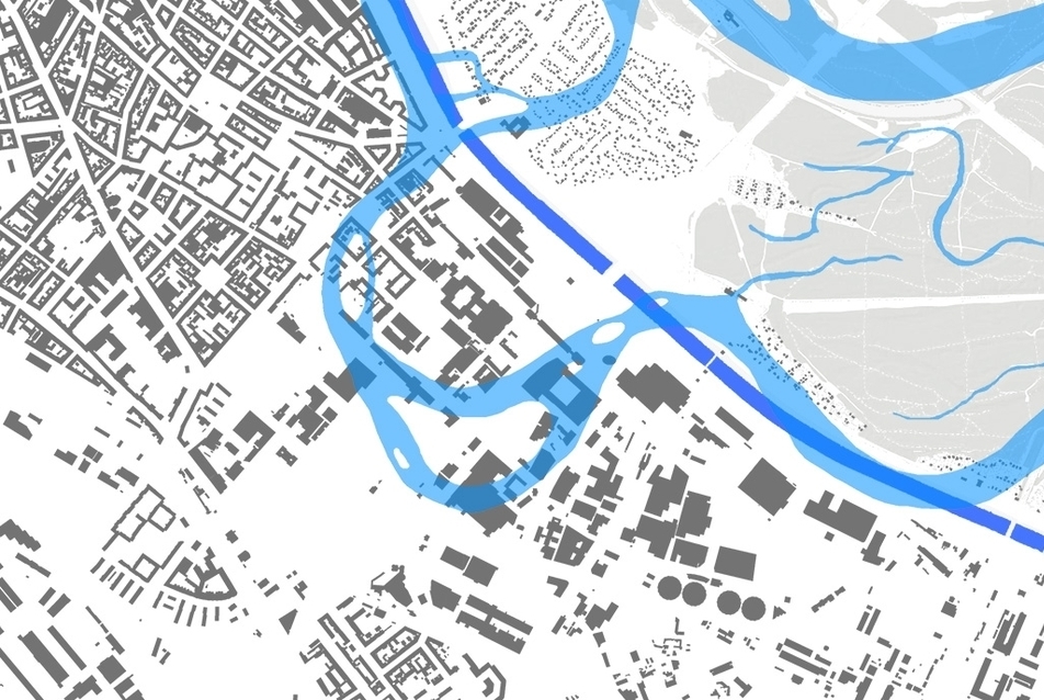 Erdberger Mais mai beépítettsége. A sötétkék csík a Donaukanal, a világos az egykori szabályozatlan meder. (forrás: F. Hauer, előadása)