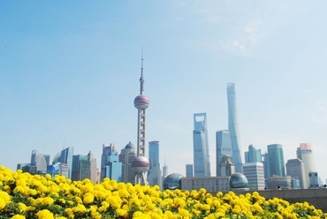 A város jól ismert gazdasági területének, a Pudong városrész felhőkarcolóinak látképe, a kép közepén a híres  Oriental Pearl Towerrel és a 2015-ös év legnagyobb átadásra kerülő toronyépületével, a Sanghaj towerrel, forrás: Gyergyák János