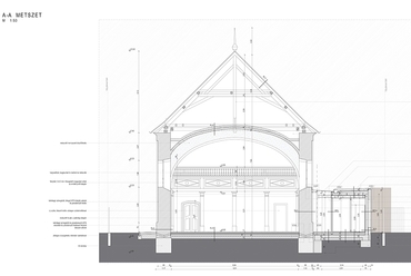 A-A metszet a zsinagóga épületén keresztül - albertirsai zsinagóga hasznosítása - tervező: Tóth Balázs