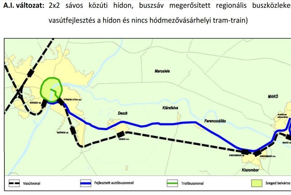 Szegedtől Makóig fekvő települések, a Maros folyó, a főút és a vasút
