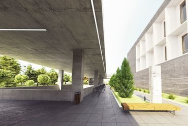 A főépület és a parkolórámpa közti tér - építész: Vasáros Zsolt DLA