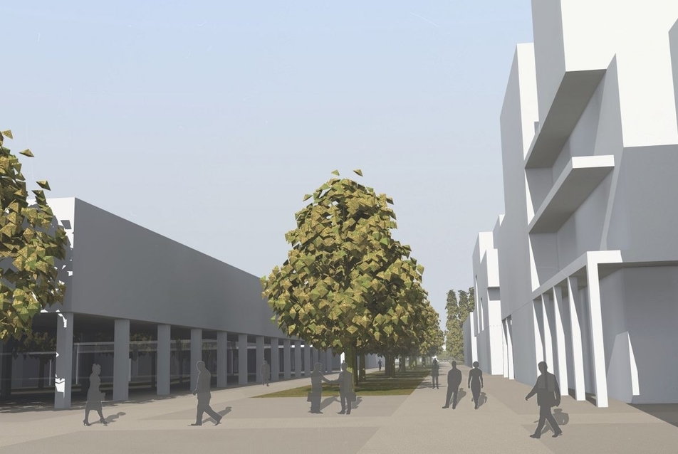 Paksi új városközpont - Gyalogos „mall”, mely felfűzi a Városközpont összes épületét - építészek: Bede István, Köves András, Rádóczy (f) László