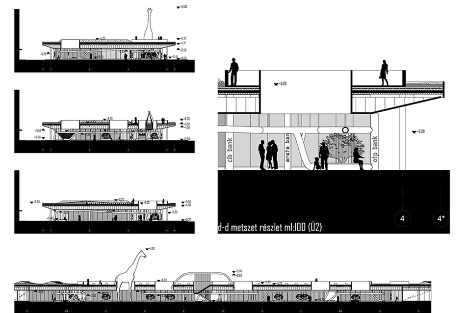 metszetek és homlokzatok az U2-es épületen bemutatva - Csepel Arca pályázat (Cső és zsiráf) - építészek: Sebestyén Péter, Gyergyák János