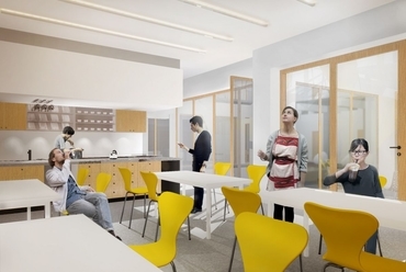 Közösségi konyha és étkező minden emeleti szinten, közvetlen kapcsolattal a bevilágító teraszra - építész: Kiss Márta
