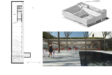 félpublikus udvar, 3. emeleti alaprajz és axonometria, Könyvtár és tudásközpont Hódmezővásárhelyen - építész: TARKA Architects