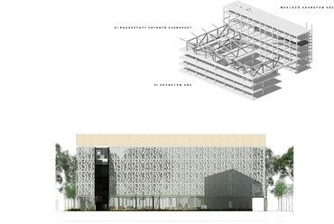 keleti homlokzat és szerkezeti axonometria, Könyvtár és tudásközpont Hódmezővásárhelyen - építész: TARKA Architects