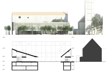 b-b metszet és nyugati homlokzat, Könyvtár és tudásközpont Hódmezővásárhelyen - építész: TARKA Architects