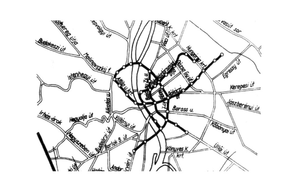 Az 1942-es vonalhálózati elképzelés . Forrás: Merczi Miklós: Közlekedés a föld alatt Budapesten; Közlekedési Múzeum Évkönyve 12.