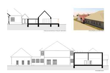 Bölcsőde mintaterv meglévő intézmény bővítéseként, metszetek - terv: Hathy Zsuzsa és Fáy Piros