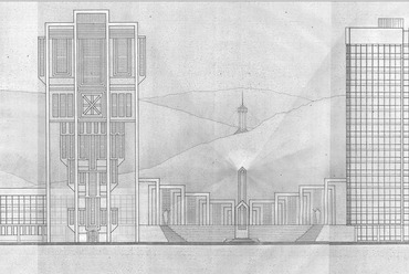 Pártház terve Besztercebányára, főhomlokzat, részlet. 1984. A kép forrása: Thoma Emőke - Dely György