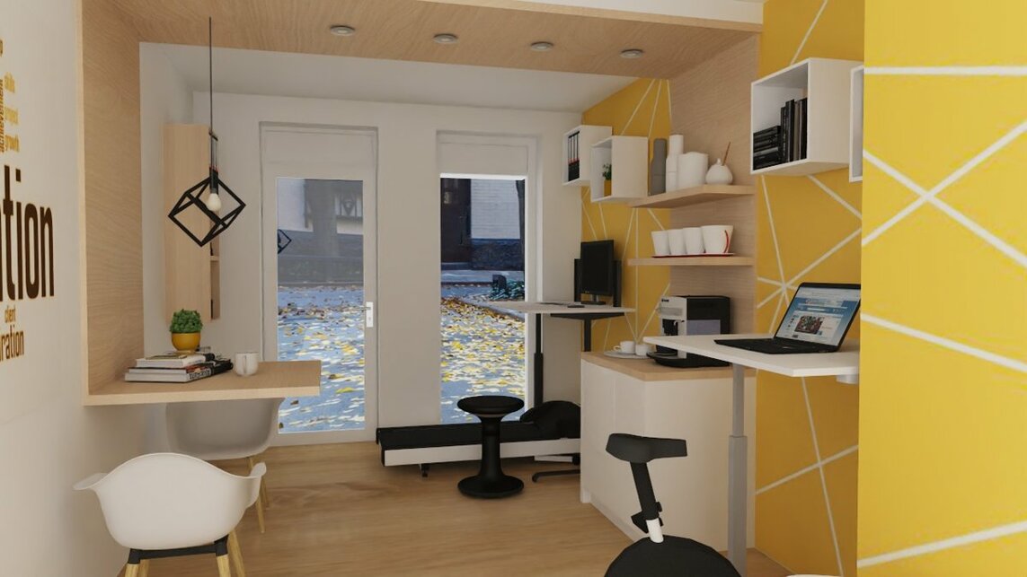 Egy modern iroda terve, ahol a sétálópad és a kerékpárasztal felel a dolgozók egészségéért  Terv: Lévai Magdolna, Montázs Belsőépítészet  - kép a LifeSpan hozzájárulásával