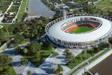 A ferencvárosi Duna-partra tervezett Atlétikai Stadion látványterve. 