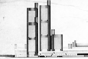 Boruzs Bernát - Mikolás Tibor - Szabó János: A Nemzetközi Szervezetek Székháza és Kongresszusi Központ tervpályázata, Bécs, 1969. Forrás: ÉM. Debreceni Tervező Vállalat 1966-70, 152.o.