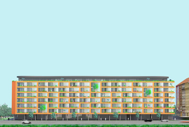 Homlokzat, a Residence Vysocany 250 lakásos társasház terve. Építészet: BIVAK