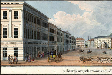 A József tér 1837-ben, előtérben jobbra a Gross-házzal. Forrás: Wikipedia, Carl P. Vasquez: Buda és Pest szabad királyi városainak tájleírása, Bécs
