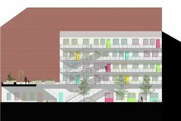 Az új épület homlokzata.  A RELOAD hallgatói ötletpályázat 1. díjas terve. Építészet: Chromicsek Adrienn, Petró Liza