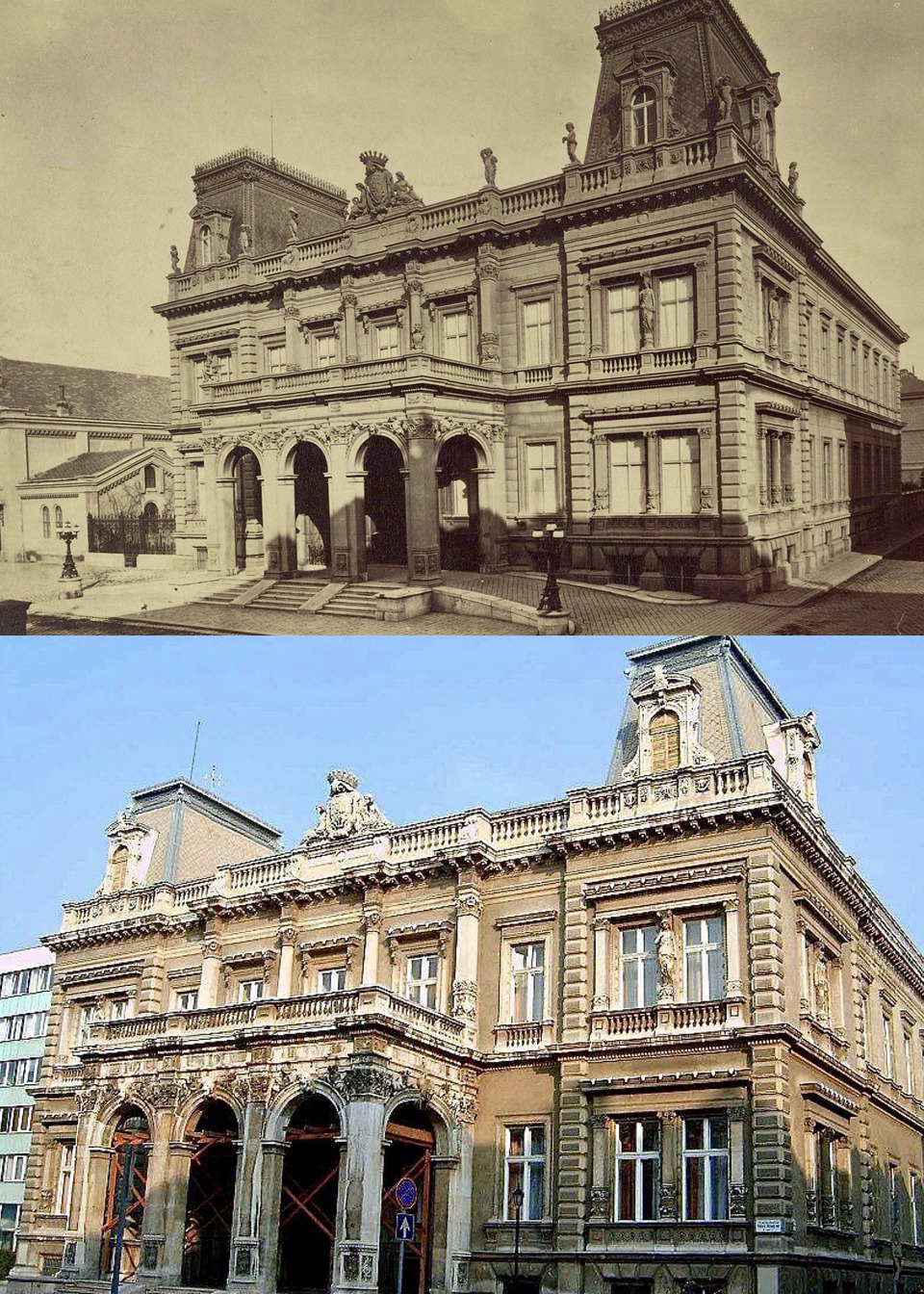 A Károlyi-palota 1881 előtt  és napjainkban. Fotók: Klösz György/Fortepan/Budapest Főváros Levéltára és Fb/A Rádió fénykora