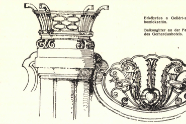 Erkélyrács terve a Gellért-szállóhoz 1918-ból, tervező: Sebestyén Artúr (Magyar Iparművészet, 1918/9-10., 159. o.)