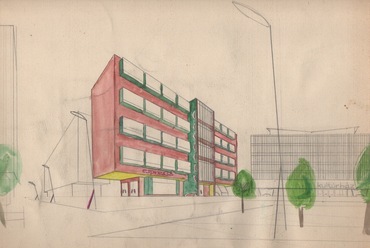 Irodaház kávézóval, a háttérben kultúrház, az előtérben ostornyél-lámpák. 1963.