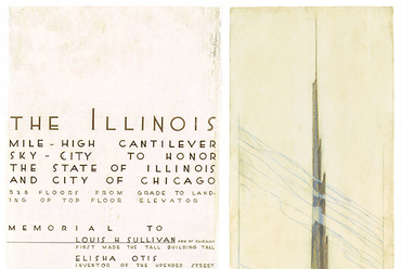 The Mile-High Illinois (1956): Frank Lloyd Wright posztere az „egymérföldes Illinois”-ról, , ahol rajza mellett Chicago építészei előtt is tiszteleg és magát Chicago fiának nevezi. - forrás: artbook.com