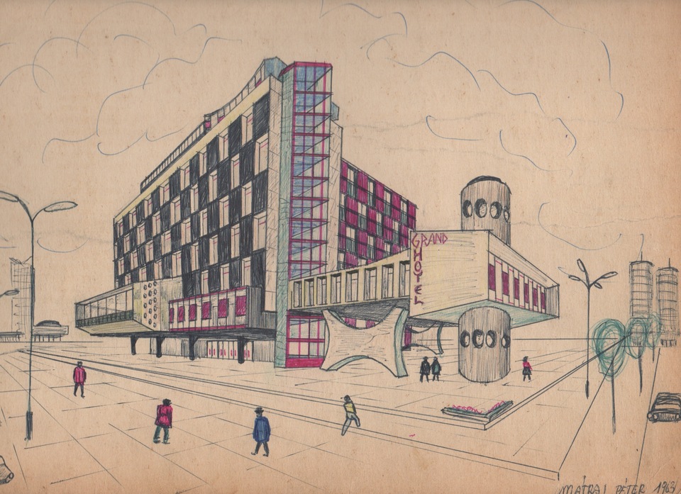 Egy bombasztikus nagyszálló terve 1963-ből, a sarokra helyezett lépcsőtoronnyal és különféle színes-formás kiugrásokkal. 