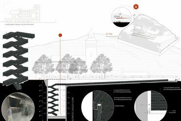 D-D keresztmetszet, gyalogos feljárat és az apátság egykori alaprajza. Tervező: Bocz Gabriella